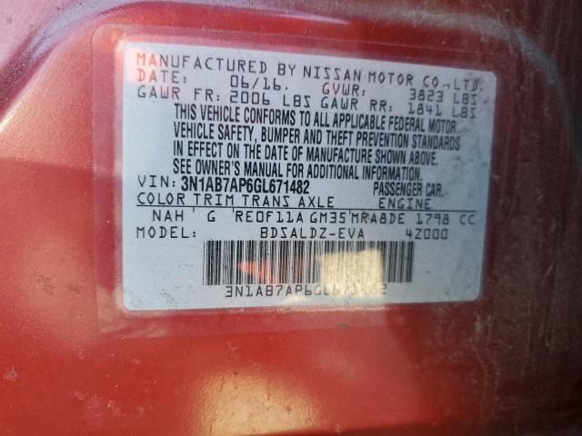 3N1AB7AP6GL671482 - 2016 NISSAN SENTRA S 红色 照片 13