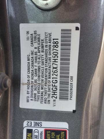 2HGFG126X7H507881 - 2007 HONDA CIVIC LX ნაცრისფერი ფოტო 12