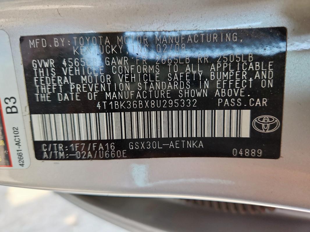 4T1BK36BX8U295332 - 2008 TOYOTA AVALON XL 银色 照片 12