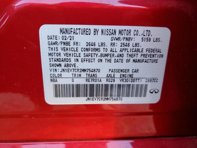 JN1EV7CR2MM754870 - 2021 INFINITI Q50 SENSORY RED photo 12