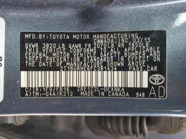2T1BURHE6FC381434 - 2015 TOYOTA COROLLA L CHARCOAL photo 12