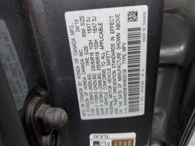 2HKRW2H81KH625136 - 2019 HONDA CR-V EXL GRAY photo 13