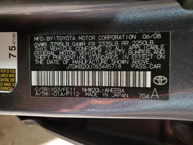 JTDKB20U783445718 - 2008 TOYOTA PRIUS GRAY photo 12