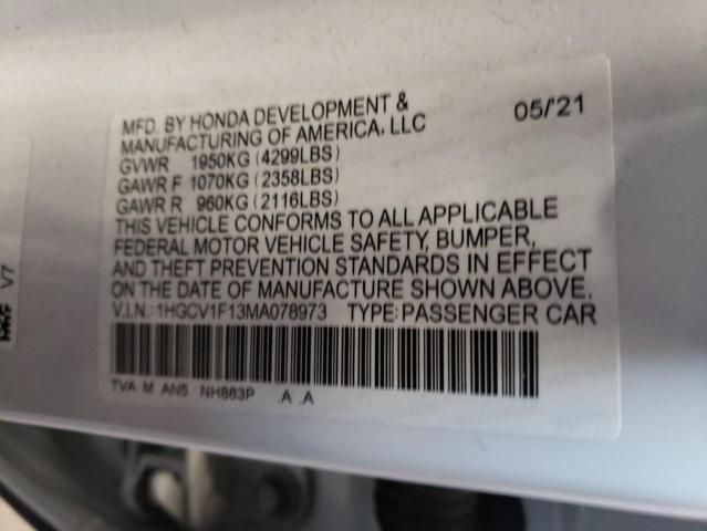 1HGCV1F13MA078973 - 2021 HONDA ACCORD LX WHITE photo 12