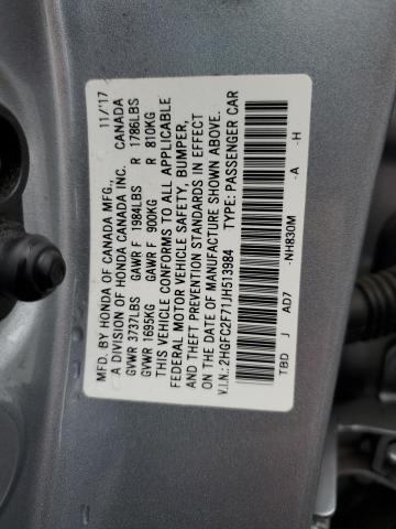 2HGFC2F71JH513984 - 2018 HONDA CIVIC EX SILVER photo 13