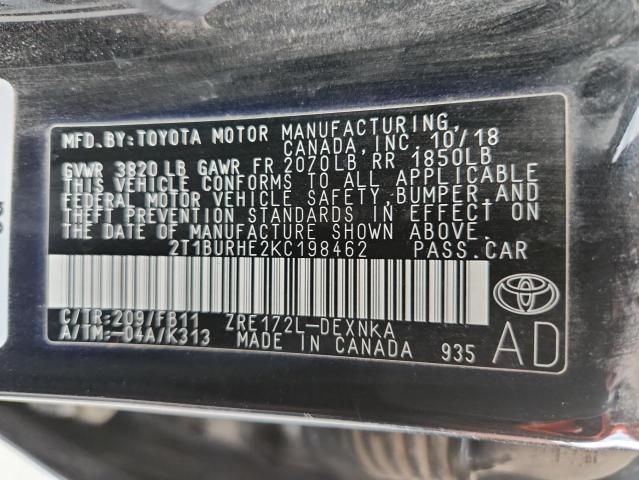 2T1BURHE2KC198462 - 2019 TOYOTA COROLLA L Negro foto 12