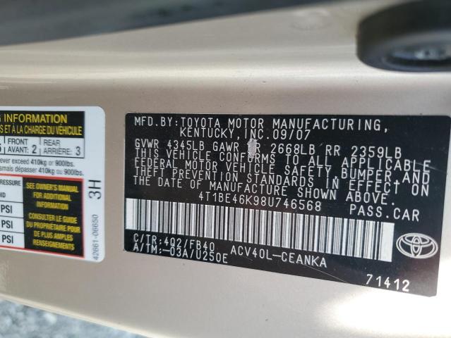 4T1BE46K98U746568 - 2008 TOYOTA CAMRY CE 米色 照片 12