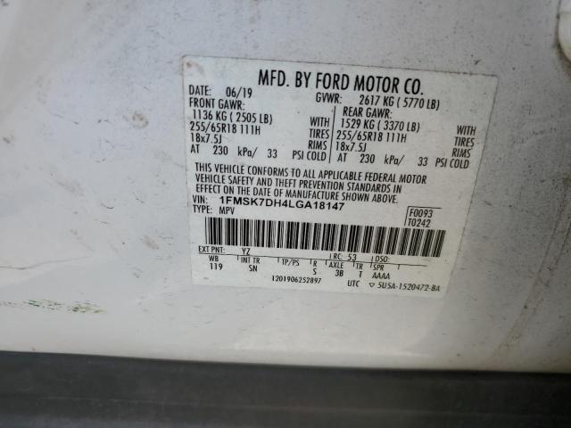 1FMSK7DH4LGA18147 - 2020 FORD EXPLORER XLT თეთრი ფოტო 13