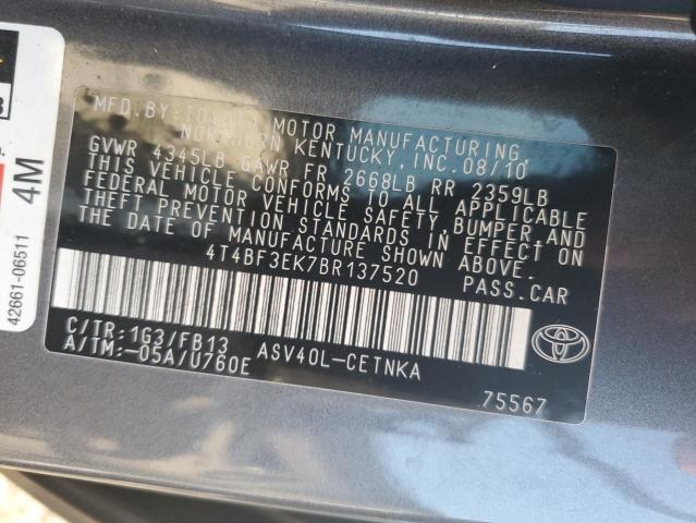 4T4BF3EK7BR137520 - 2011 TOYOTA CAMRY BASE GRAY photo 13