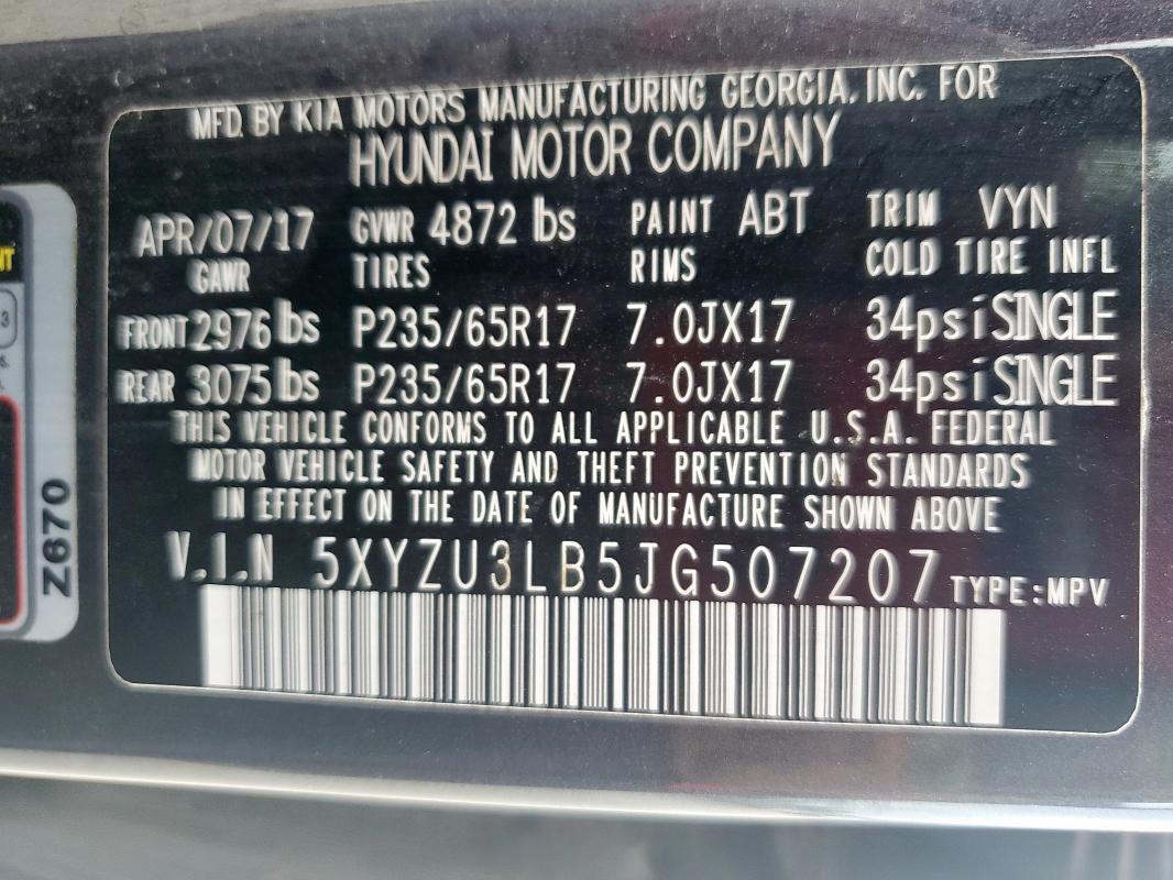 5XYZU3LB5JG507207 - 2018 HYUNDAI SANTA FE S CHARCOAL photo 13