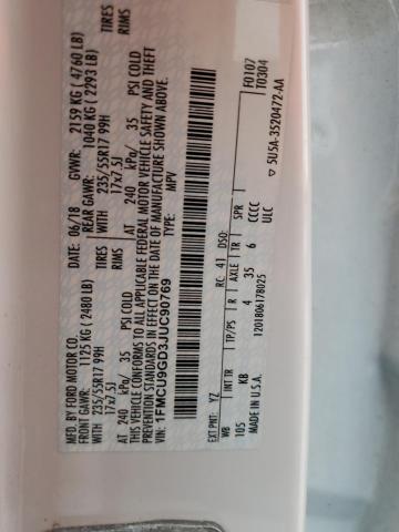 1FMCU9GD3JUC90769 - 2018 FORD ESCAPE SE WHITE photo 12