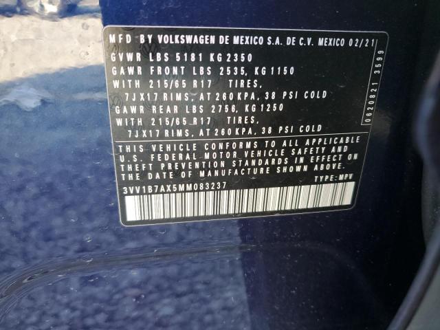 3VV1B7AX5MM083237 - 2021 VOLKSWAGEN TIGUAN S Կապույտ լուսանկար 13