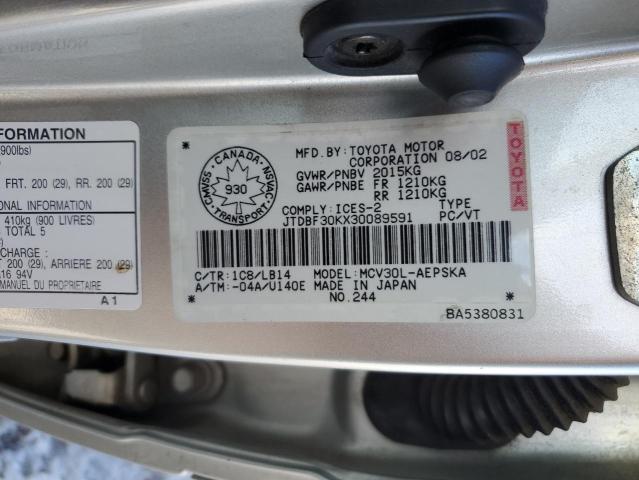 JTDBF30KX30089591 - 2003 TOYOTA CAMRY LE SILVER photo 12