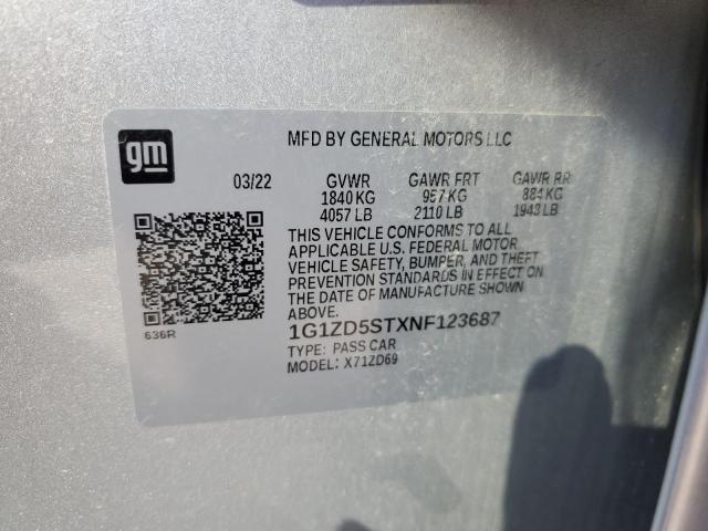 1G1ZD5STXNF123687 - 2022 CHEVROLET MALIBU LT ვერცხლისფერი ფოტო 12