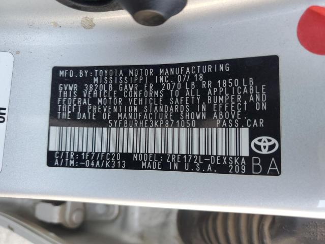 5YFBURHE3KP871050 - 2019 TOYOTA COROLLA L Srebrny zdjęcie 12