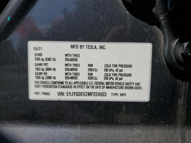 5YJYGDEE2MF224503 - 2021 TESLA MODEL Y Grafito foto 12