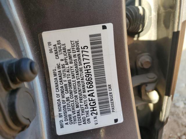 2HGFA16869H517775 - 2009 HONDA CIVIC EX ნაცრისფერი ფოტო 13