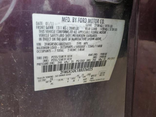2FMGK5DC1BBD26025 - 2011 FORD FLEX LIMITED Burgund zdjęcie 13