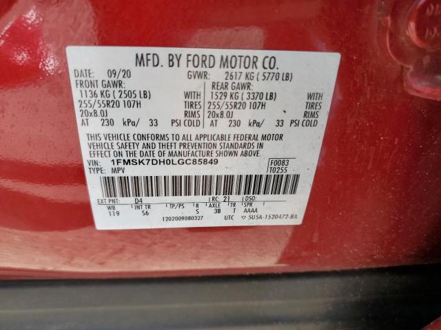 1FMSK7DH0LGC85849 - 2020 FORD EXPLORER XLT RED photo 13