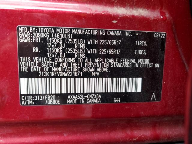 2T3K1RFVXNW221671 - 2022 TOYOTA RAV4 LE RED photo 13