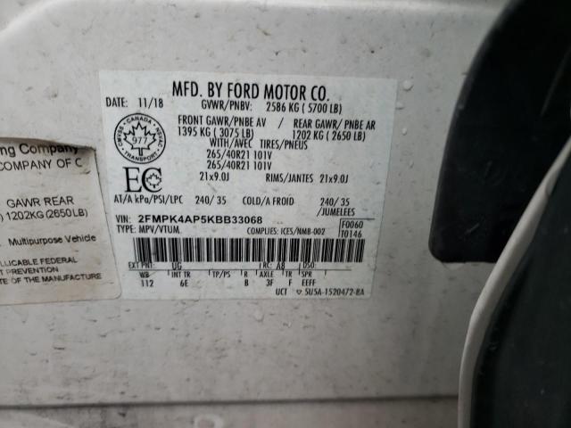 2FMPK4AP5KBB33068 - 2019 FORD EDGE ST WHITE photo 12