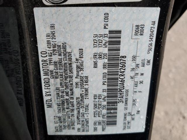 3FAHP0JA6CR426078 - 2012 FORD FUSION SEL BLACK photo 12