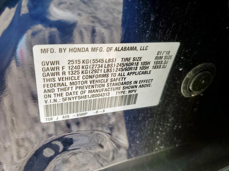 5FNYF5H81JB004313 - 2018 HONDA PILOT EXL Mavi foto 13