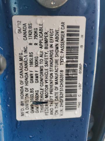 2HGFB2F51CH563918 - 2012 HONDA CIVIC LX BLUE photo 12