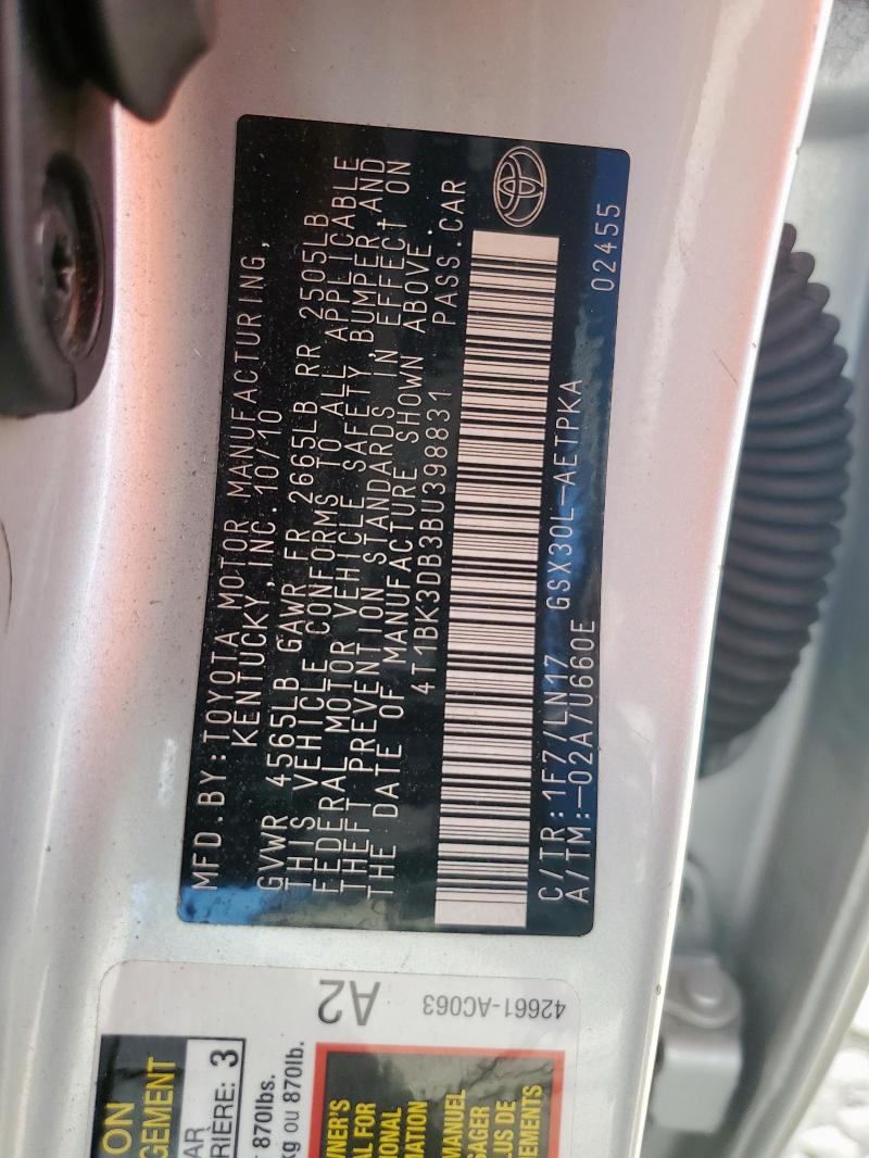 4T1BK3DB3BU398831 - 2011 TOYOTA AVALON BASE Серебристый фото 13