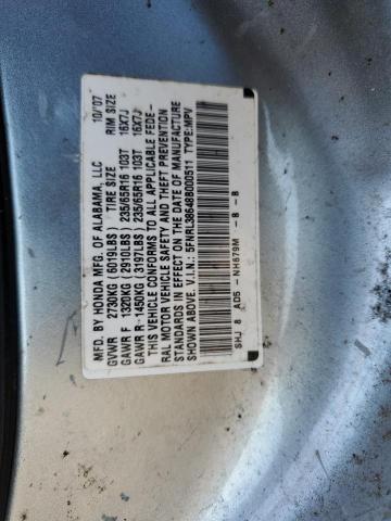 5FNRL38648B000511 - 2008 HONDA ODYSSEY EXL SILVER photo 13