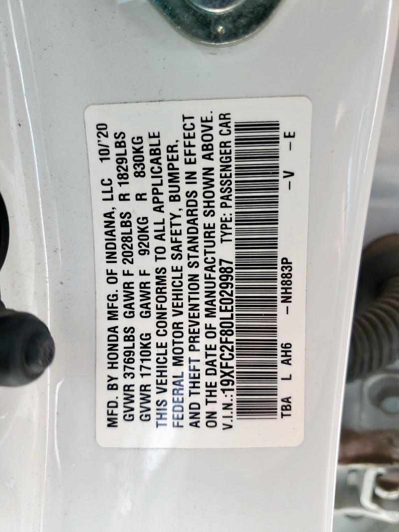 19XFC2F80LE029987 - 2020 HONDA CIVIC SPORT WHITE photo 13