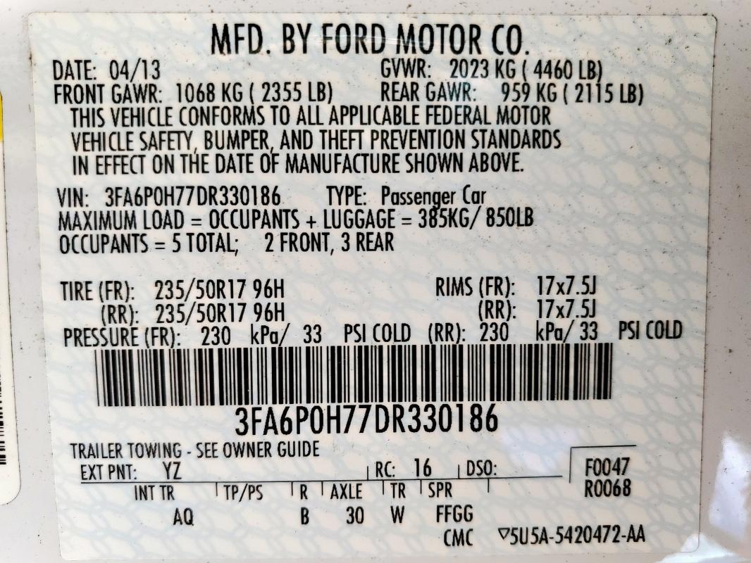 3FA6P0H77DR330186 - 2013 FORD FUSION SE WHITE photo 13