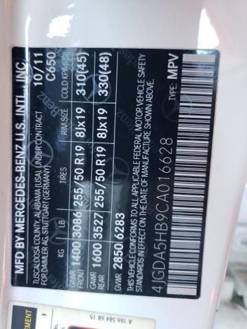 4JGDA5HB9CA016628 - 2012 MERCEDES-BENZ ML 350 4MATIC WHITE photo 12