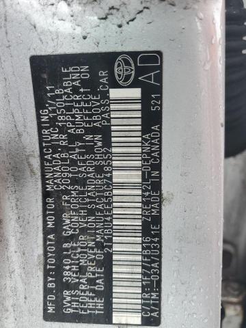 2T1BU4EE5BC748552 - 2011 TOYOTA COROLLA BASE SILVER photo 12