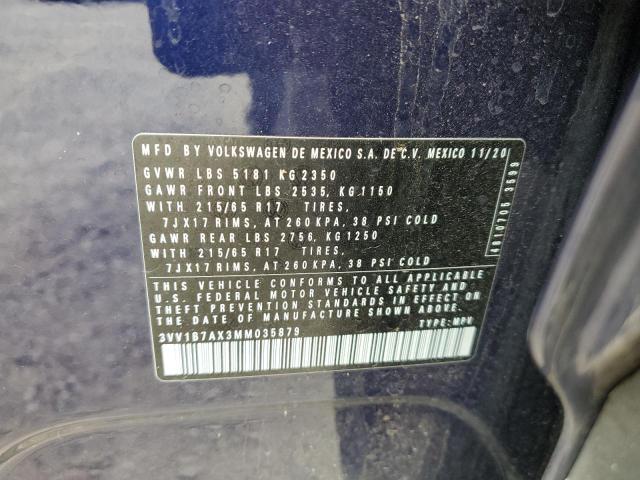 3VV1B7AX3MM035879 - 2021 VOLKSWAGEN TIGUAN S Niebieski zdjęcie 12