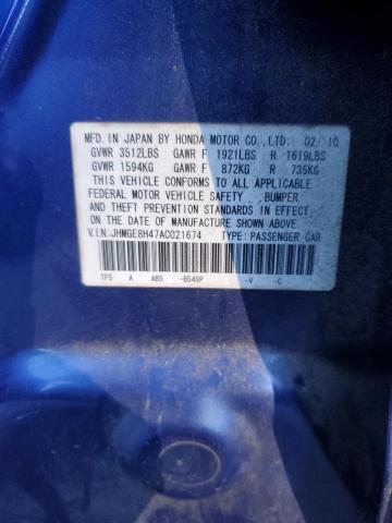 JHMGE8H47AC021674 - 2010 HONDA FIT SPORT BLUE photo 12