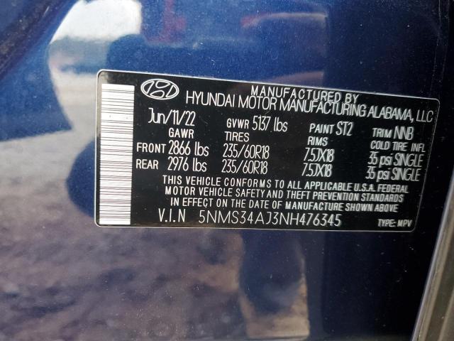 5NMS34AJ3NH476345 - 2022 HYUNDAI SANTA FE SEL BLUE photo 13