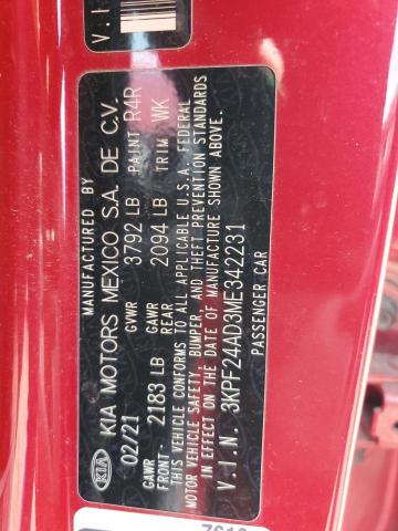 3KPF24AD3ME342231 - 2021 KIA FORTE FE RED photo 13