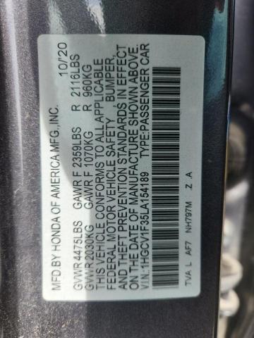 1HGCV1F35LA154189 - 2020 HONDA ACCORD SPORT CHARCOAL photo 12
