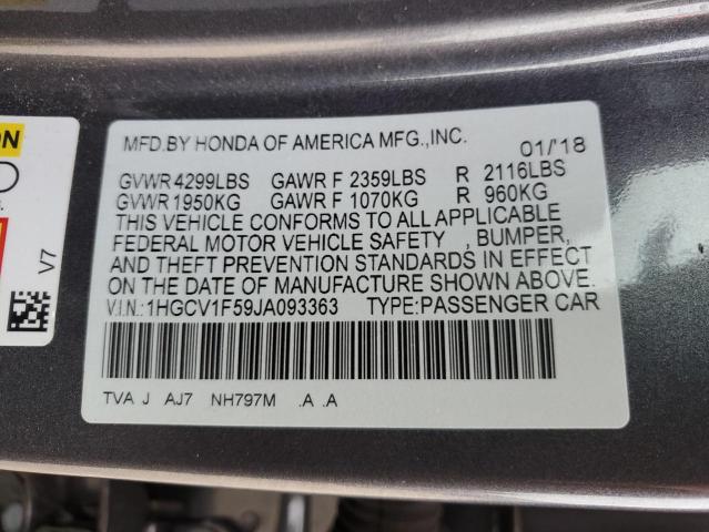 1HGCV1F59JA093363 - 2018 HONDA ACCORD EXL GRAY photo 13