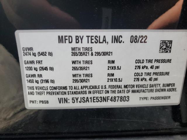 5YJSA1E53NF487803 - 2022 TESLA MODEL S BLACK photo 12