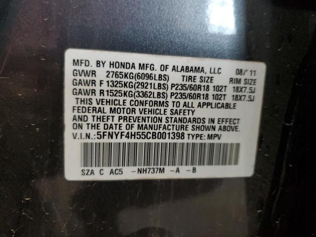 5FNYF4H55CB001398 - 2012 HONDA PILOT EXL BLUE photo 12