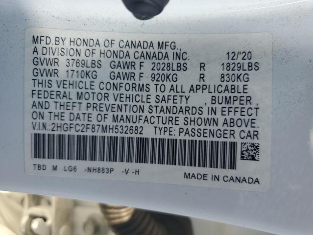 2HGFC2F87MH532682 - 2021 HONDA CIVIC SPORT Weiß Foto 12