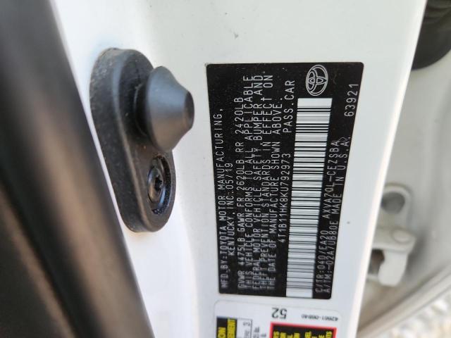4T1B11HK8KU792973 - 2019 TOYOTA CAMRY L 白色 照片 12