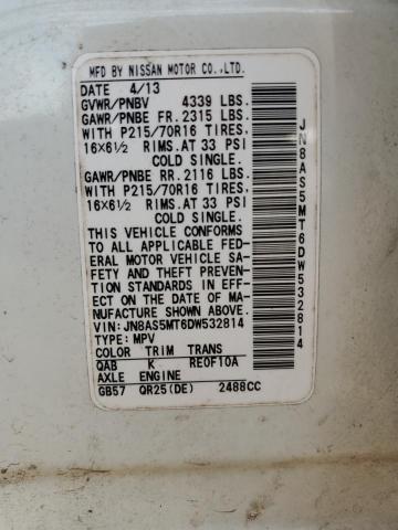 JN8AS5MT6DW532814 - 2013 NISSAN ROGUE S WHITE photo 13