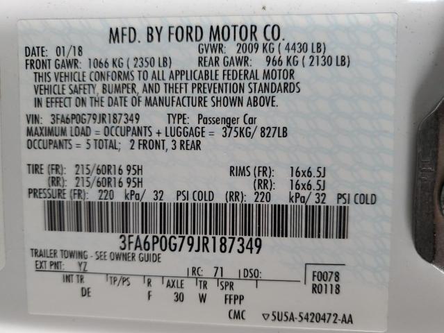 3FA6P0G79JR187349 - 2018 FORD FUSION S 白色 照片 12