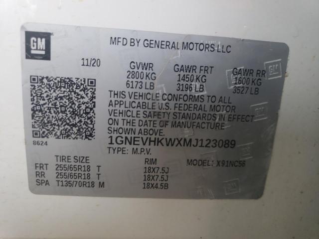 1GNEVHKWXMJ123089 - 2021 CHEVROLET TRAVERSE LT თეთრი ფოტო 13