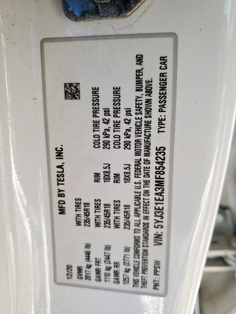 5YJ3E1EA3MF854235 - 2021 TESLA MODEL 3 白色 照片 12