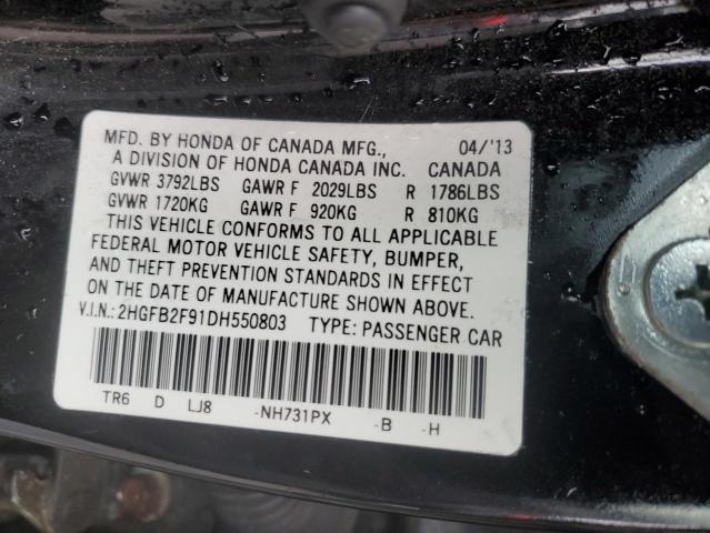 2HGFB2F91DH550803 - 2013 HONDA CIVIC EXL Czarny zdjęcie 12