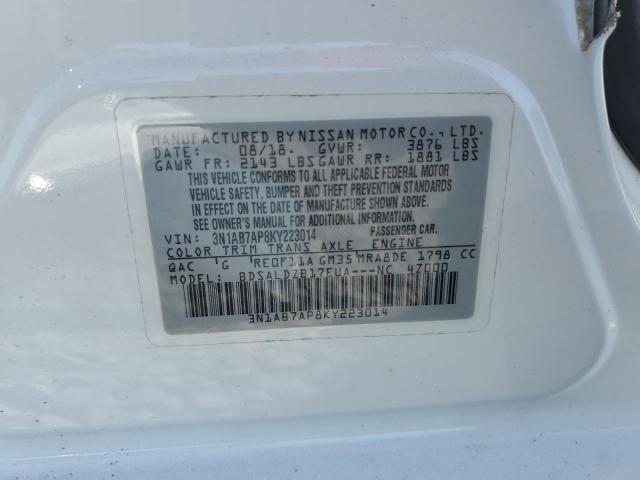 3N1AB7AP8KY223014 - 2019 NISSAN SENTRA S თეთრი ფოტო 13